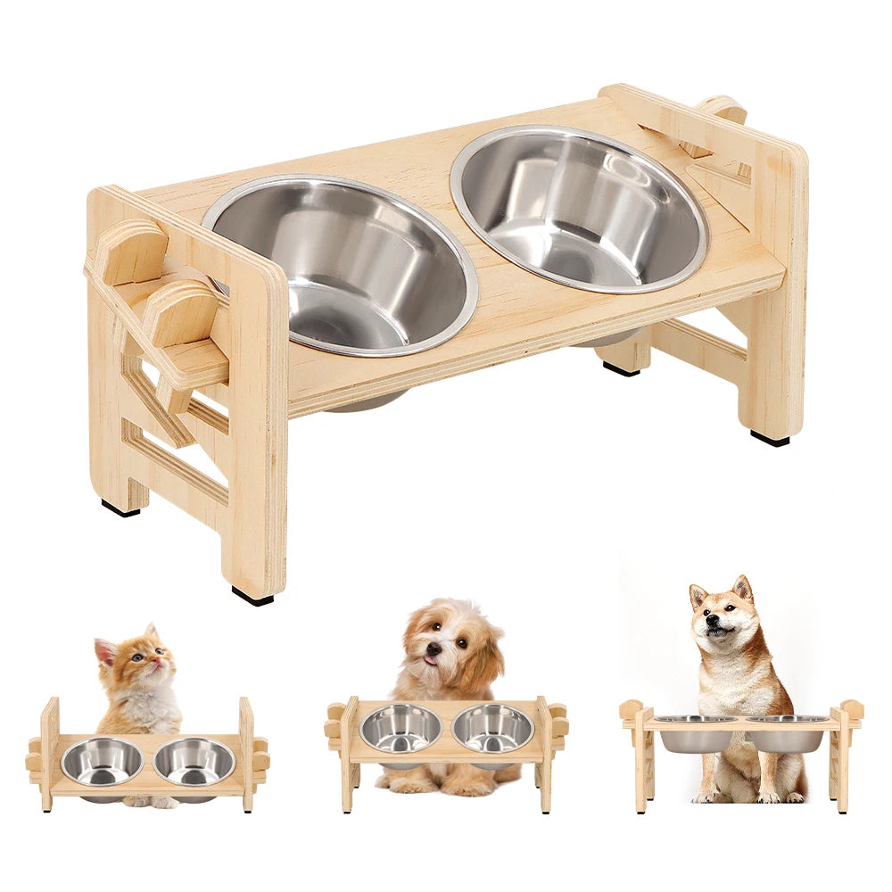 Tilt & Dine elevated wooden feeder with two stainless steel bowls