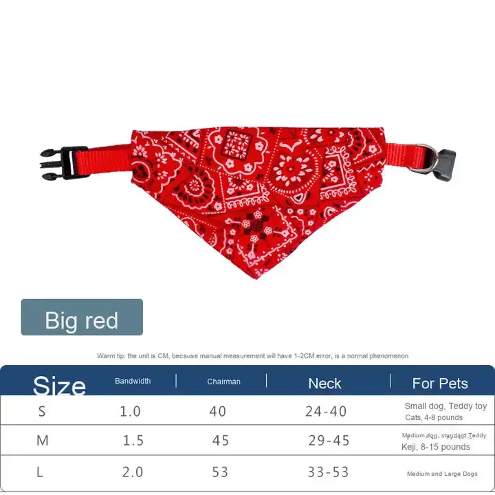 Red paisley bandana with size chart
