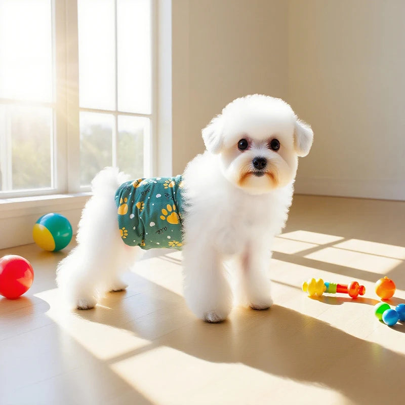 Small white dog wearing a washable belly band